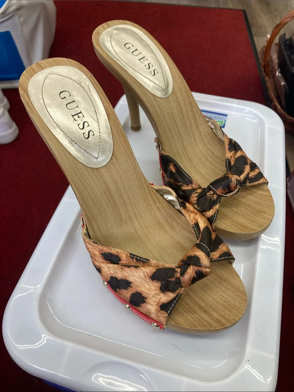 GUESS Leopard Print Knot Slide Heels in Tan and Black